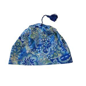 Sauce Active Hat Medium Large Blue Floral Tassel Beanie Toque Cap Nylon Lycra